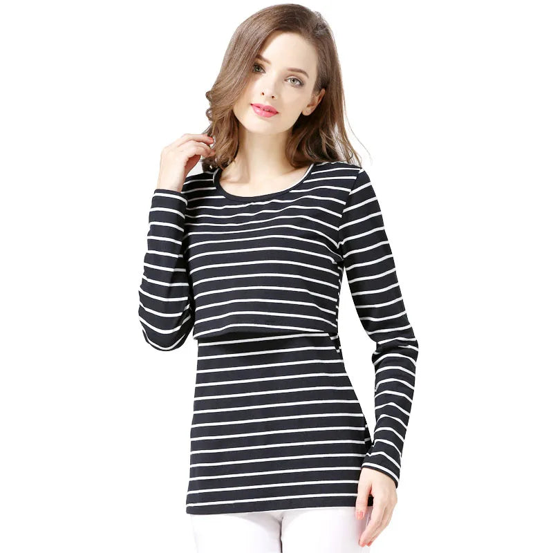 Striped Long-Sleeve Nursing Tee in Black – breastfeeding shirt