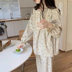 Plus-Size Floral Bow-Collar Long-Sleeve Pajama Set