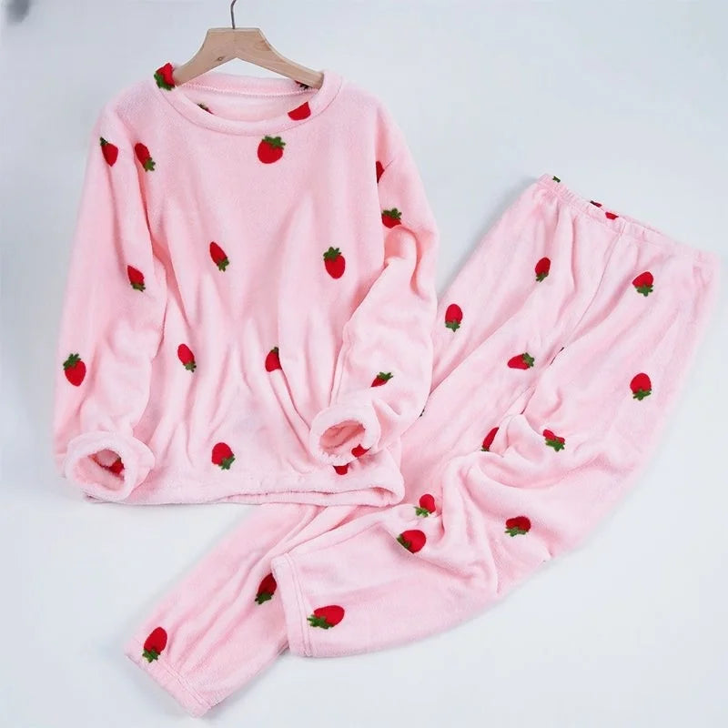 Cartoon Print Flannel Pajama Set