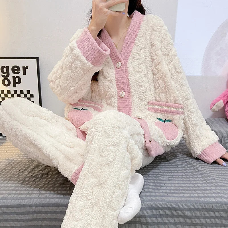 Coral Velvet Cardigan Pajama Set