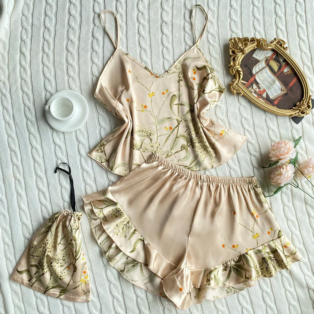 Satin Cami & Ruffle Shorts Pajama Set