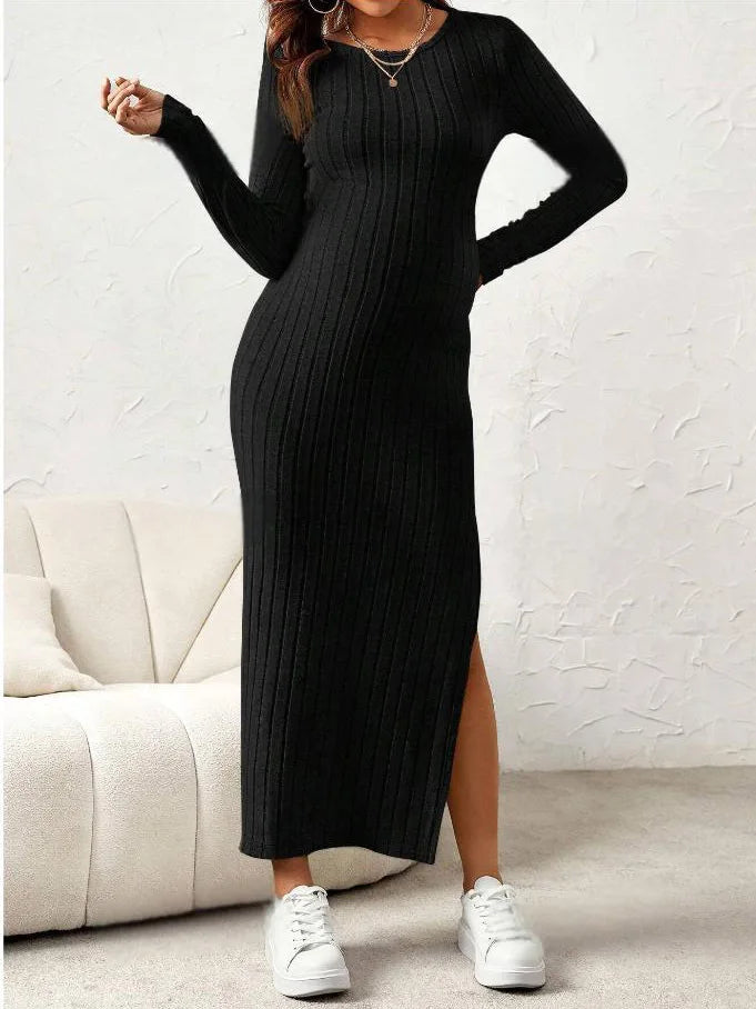 Long Sleeve Side-Split Knit Maternity Dress