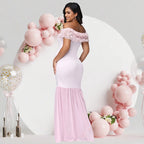 Off-Shoulder Floral Chiffon Maternity Gown – baby shower dress