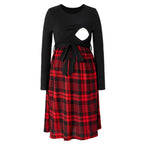 Plaid-Skirt Long-Sleeve Maternity & Nursing Dress