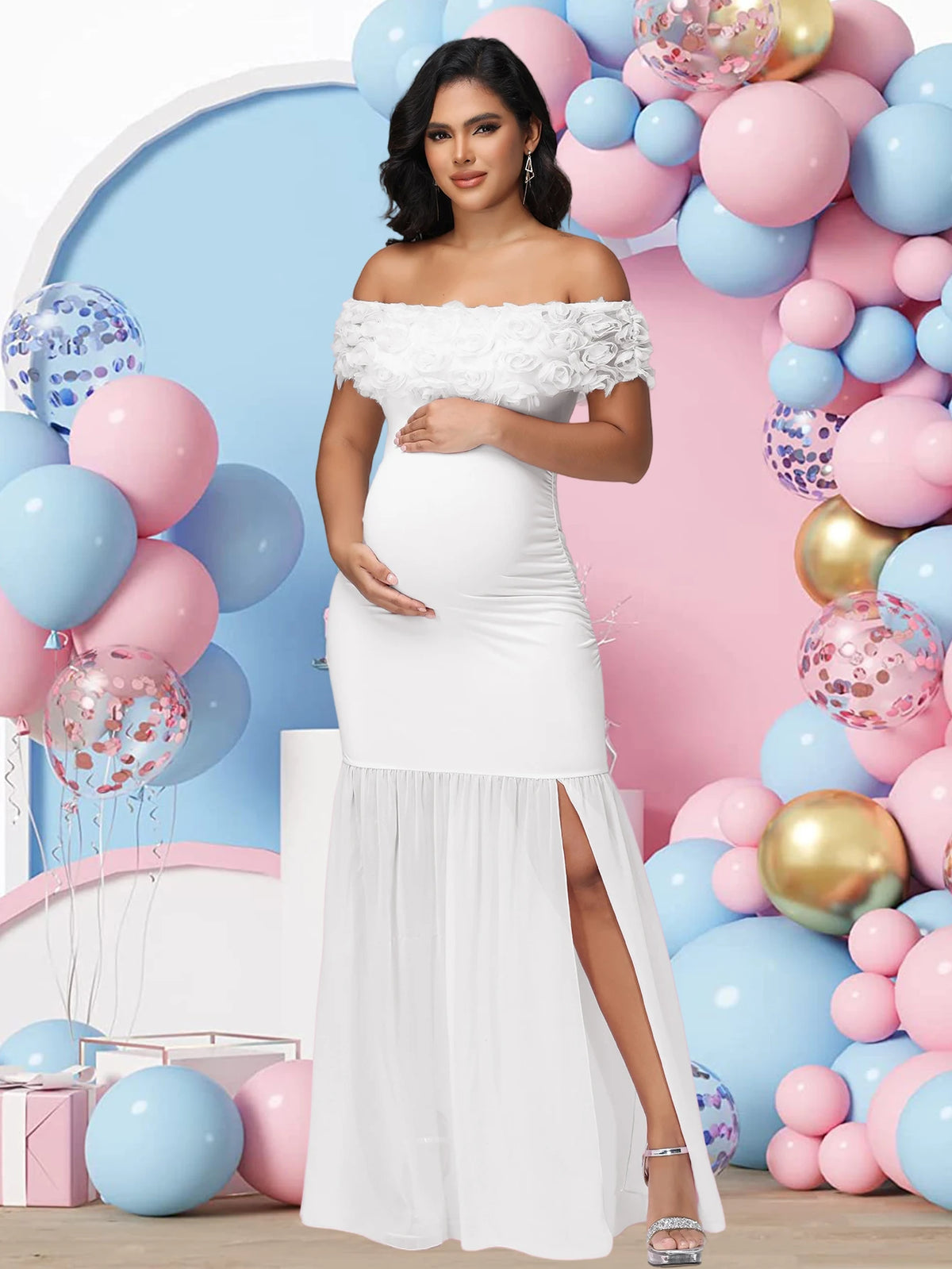 Off-Shoulder Floral Chiffon Maternity Gown