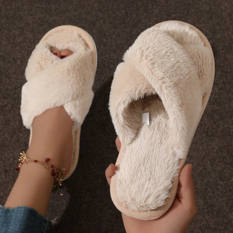 Fluffy Cross-Band Open-Toe Slippers