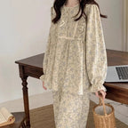 Plus-Size Floral Bow-Collar Long-Sleeve Pajama Set