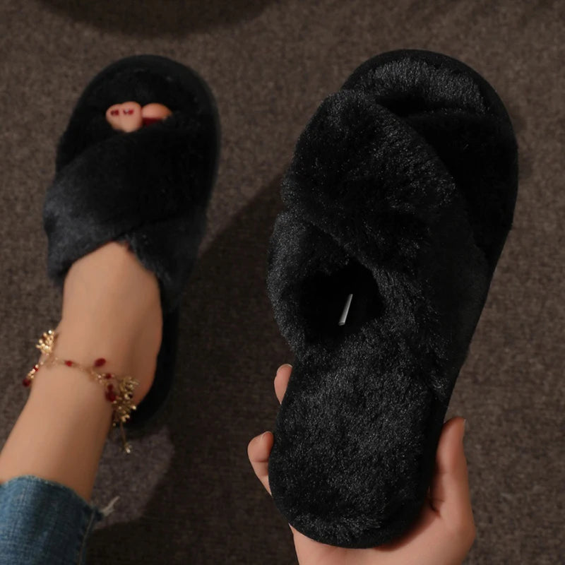 Fluffy Cross-Band Open-Toe Slippers