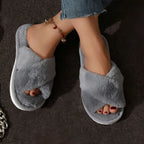Fluffy Cross-Band Open-Toe Slippers