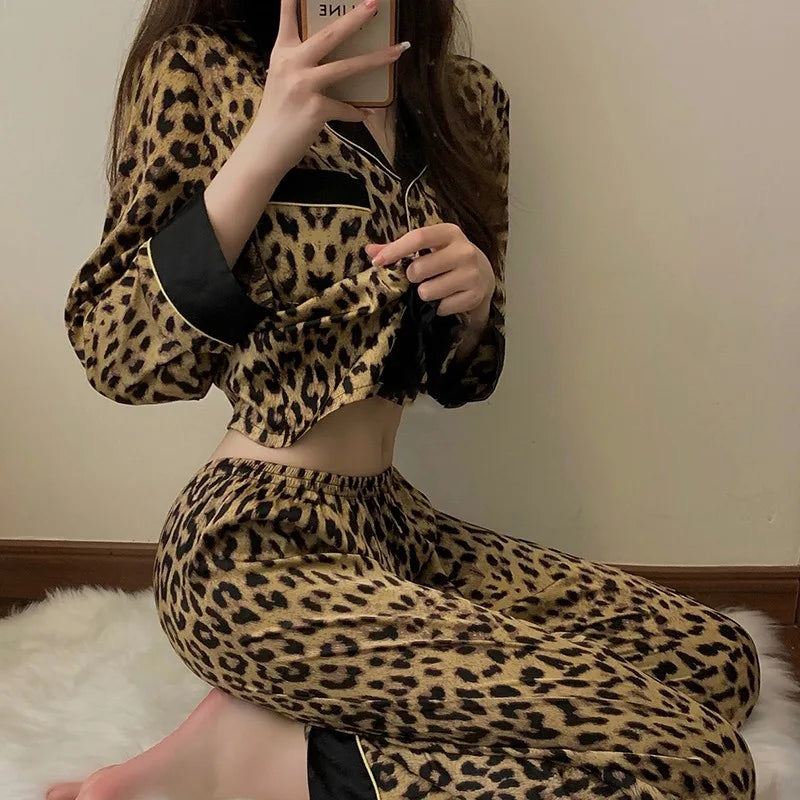 Leopard Print Long-Sleeve Pajama Set – women's sleepwear