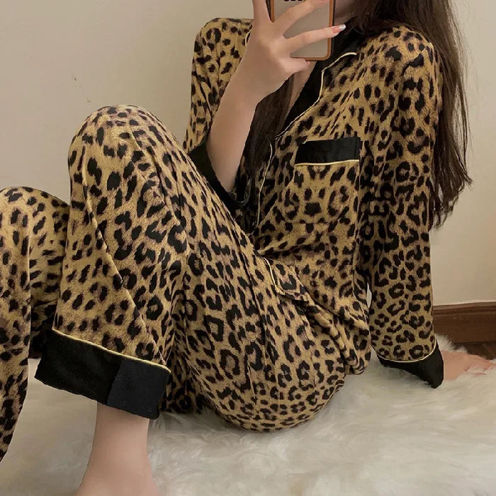 Leopard Print Long-Sleeve Pajama Set in Leopard – pajamas for women