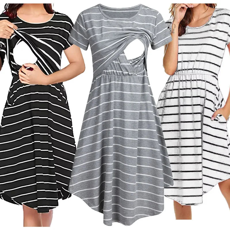 Striped Crossover Maternity & Nursing Dress