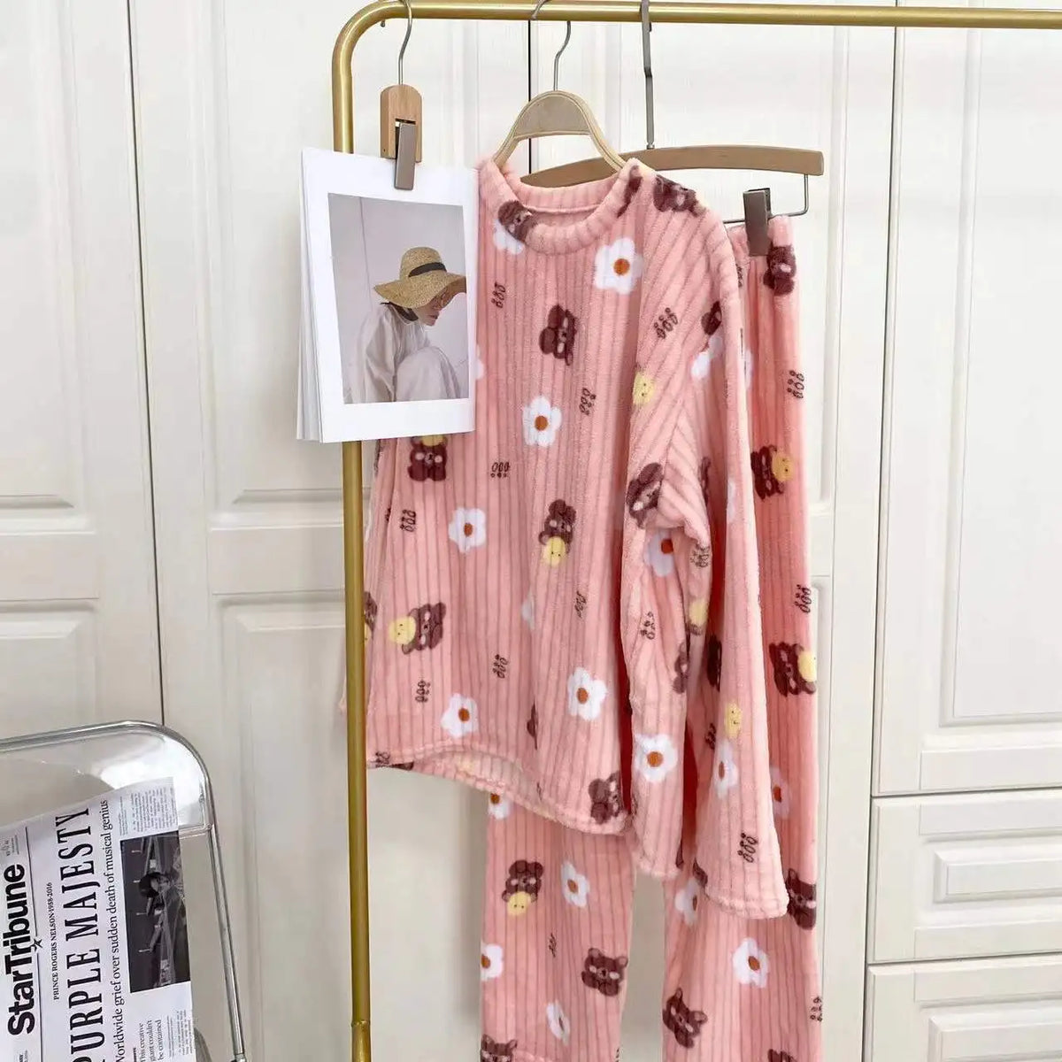 Cartoon Print Flannel Pajama Set