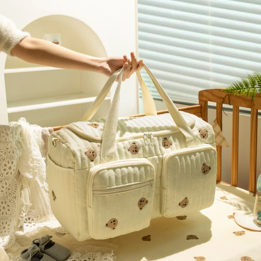Quilted Cotton Mommy Tote with Bear Pockets – diaper tote