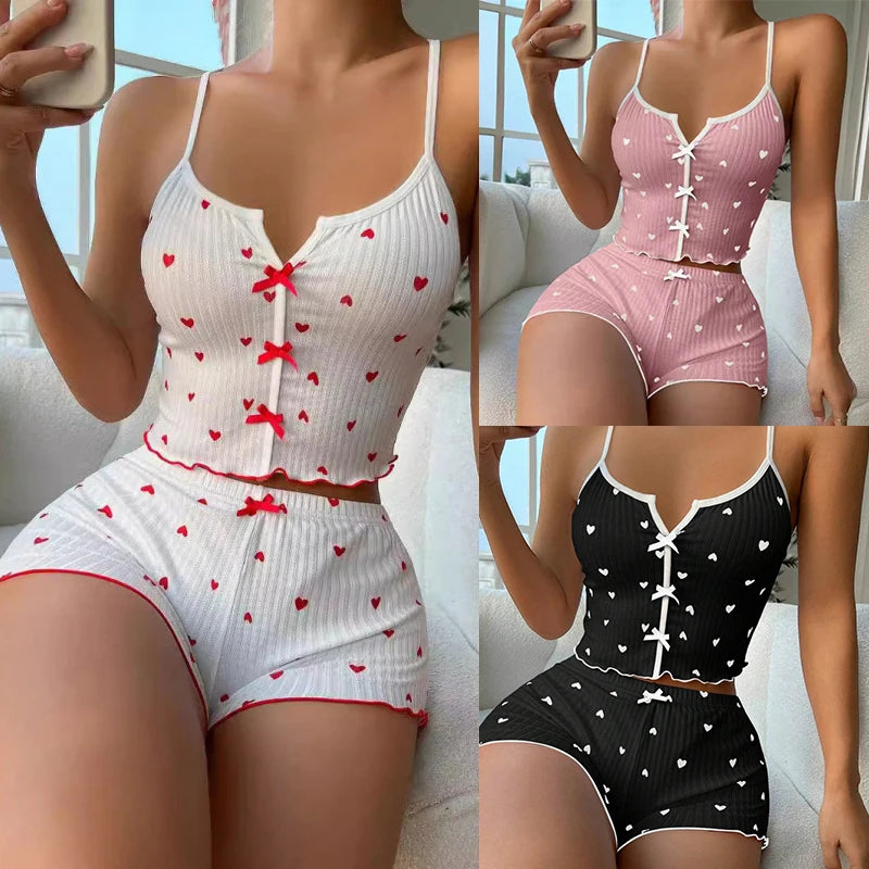 Heart Ribbed Frill Cami Short Set