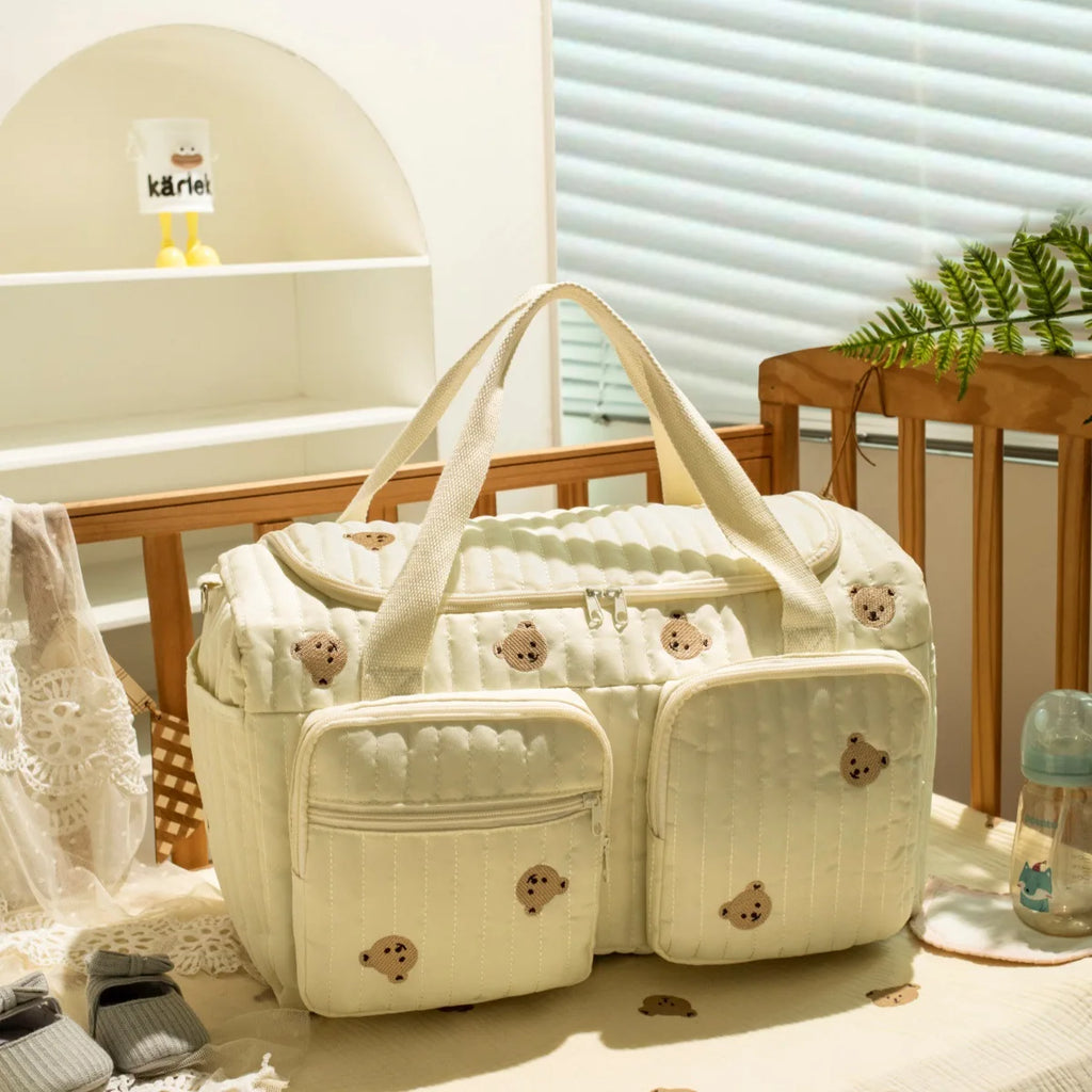 Quilted Cotton Mommy Tote with Bear Pockets – mom bag