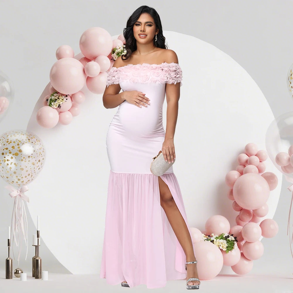 Off-Shoulder Floral Chiffon Maternity Gown – baby shower dress