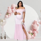 Off-Shoulder Floral Chiffon Maternity Gown – baby shower dress