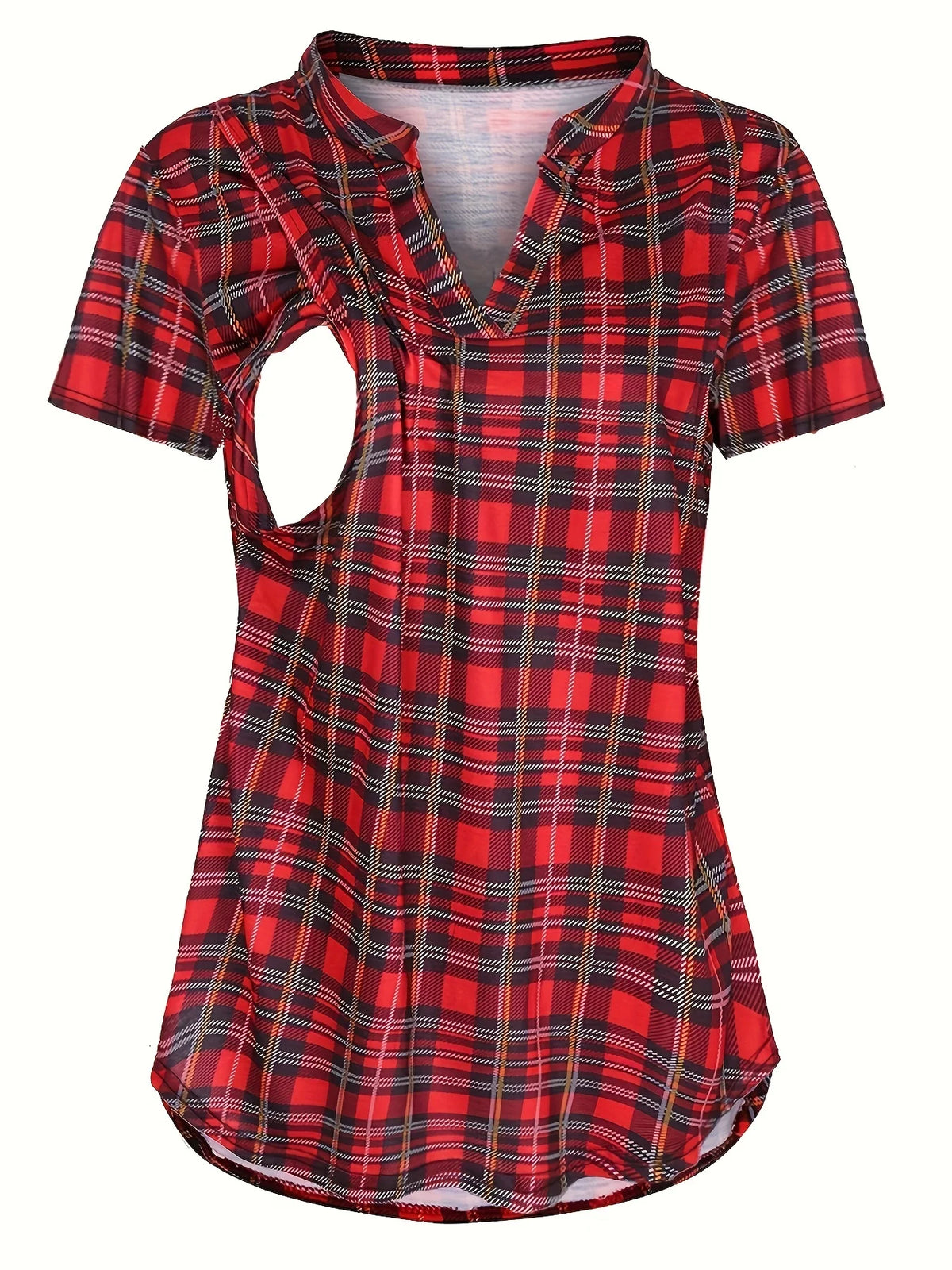 V-Neck Plaid Short-Sleeve Nursing Tee