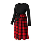 Plaid-Skirt Long-Sleeve Maternity & Nursing Dress