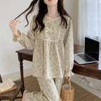 Plus-Size Floral Bow-Collar Long-Sleeve Pajama Set