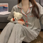 Grey Striped Button-Front Long-Sleeve Pajama Set