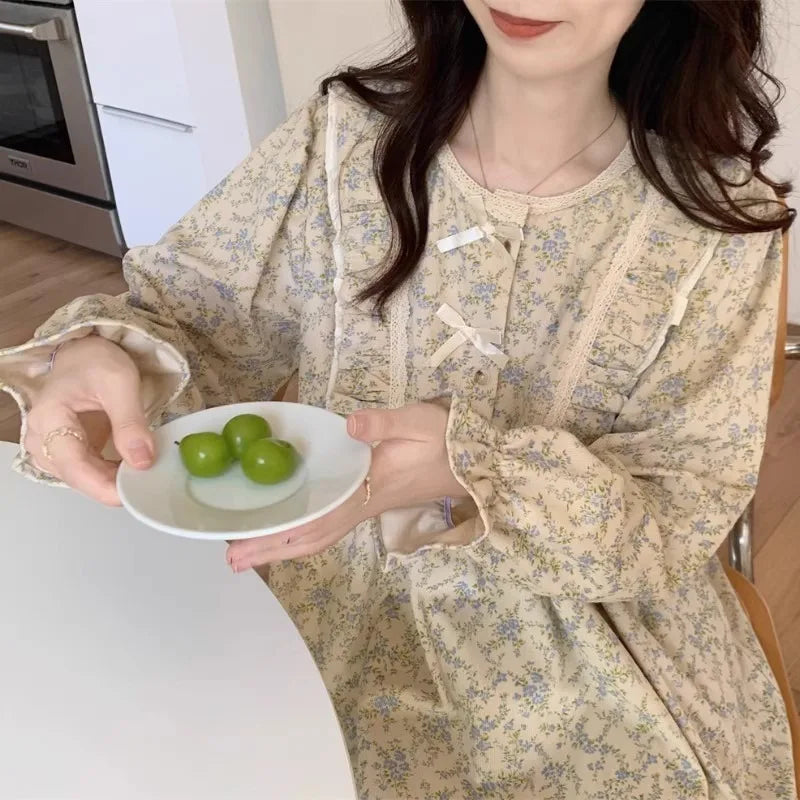 Plus-Size Floral Bow-Collar Long-Sleeve Pajama Set