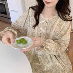 Plus-Size Floral Bow-Collar Long-Sleeve Pajama Set