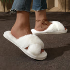 Fluffy Cross-Band Open-Toe Slippers