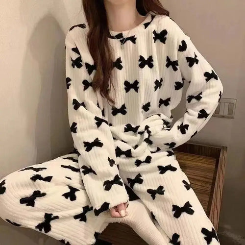 Cartoon Print Flannel Pajama Set – pajamas for women