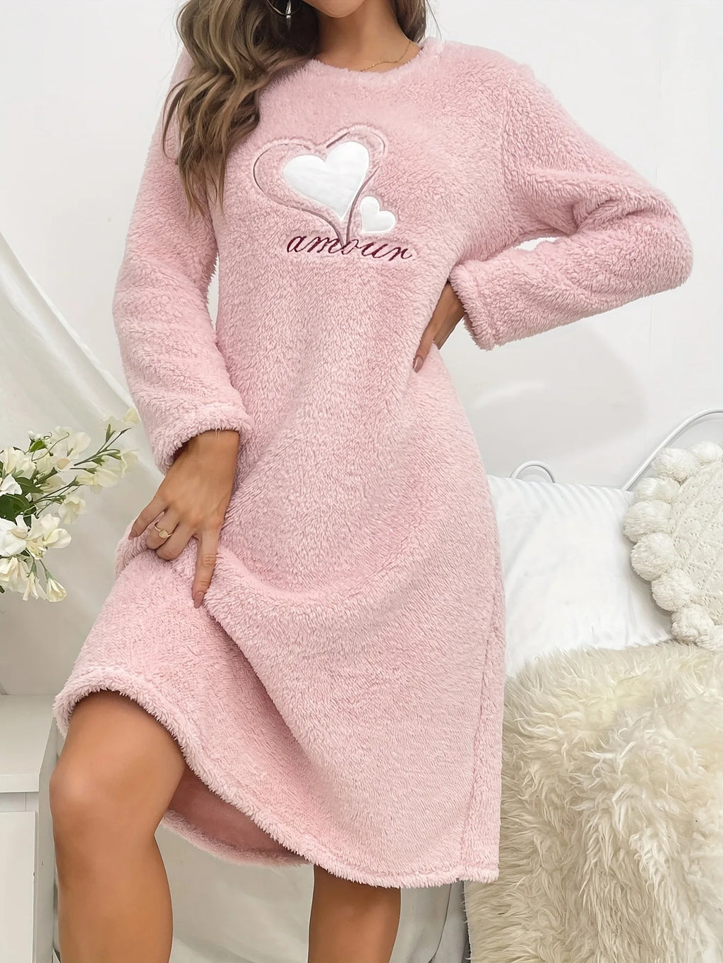 Heart Print Fuzzy Fleece Nightgown