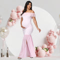Off-Shoulder Floral Chiffon Maternity Gown in Pink – maternity photoshoot dress