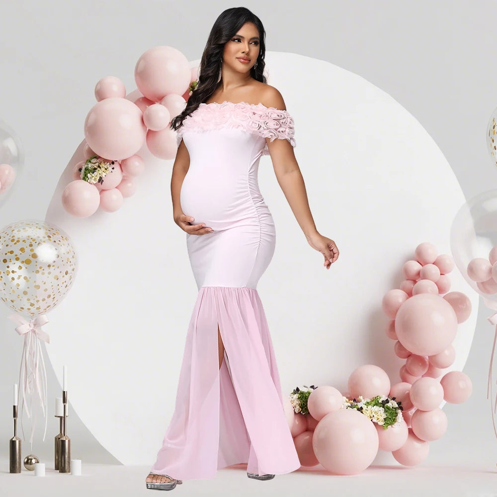 Off-Shoulder Floral Chiffon Maternity Gown