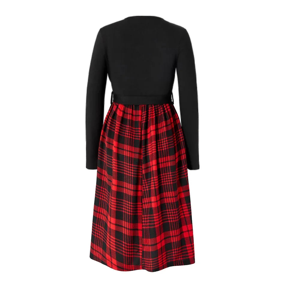 Plaid-Skirt Long-Sleeve Maternity & Nursing Dress