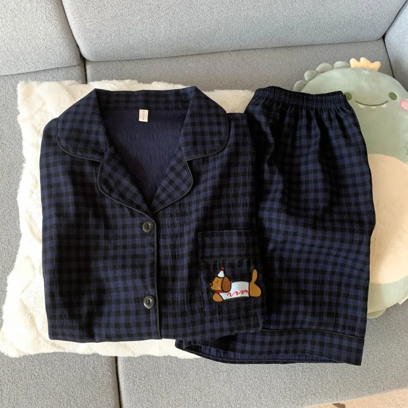 Embroidered Plaid Short Pajama Set