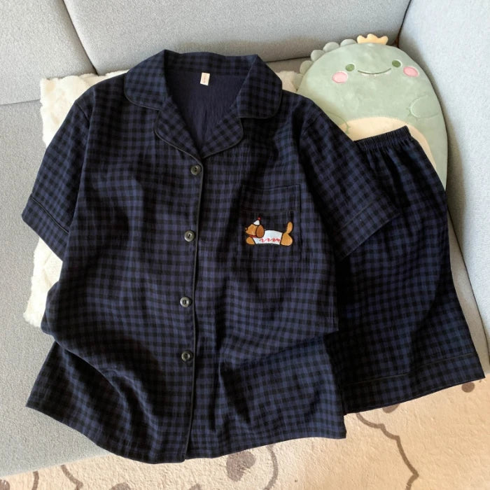 Embroidered Plaid Short Pajama Set
