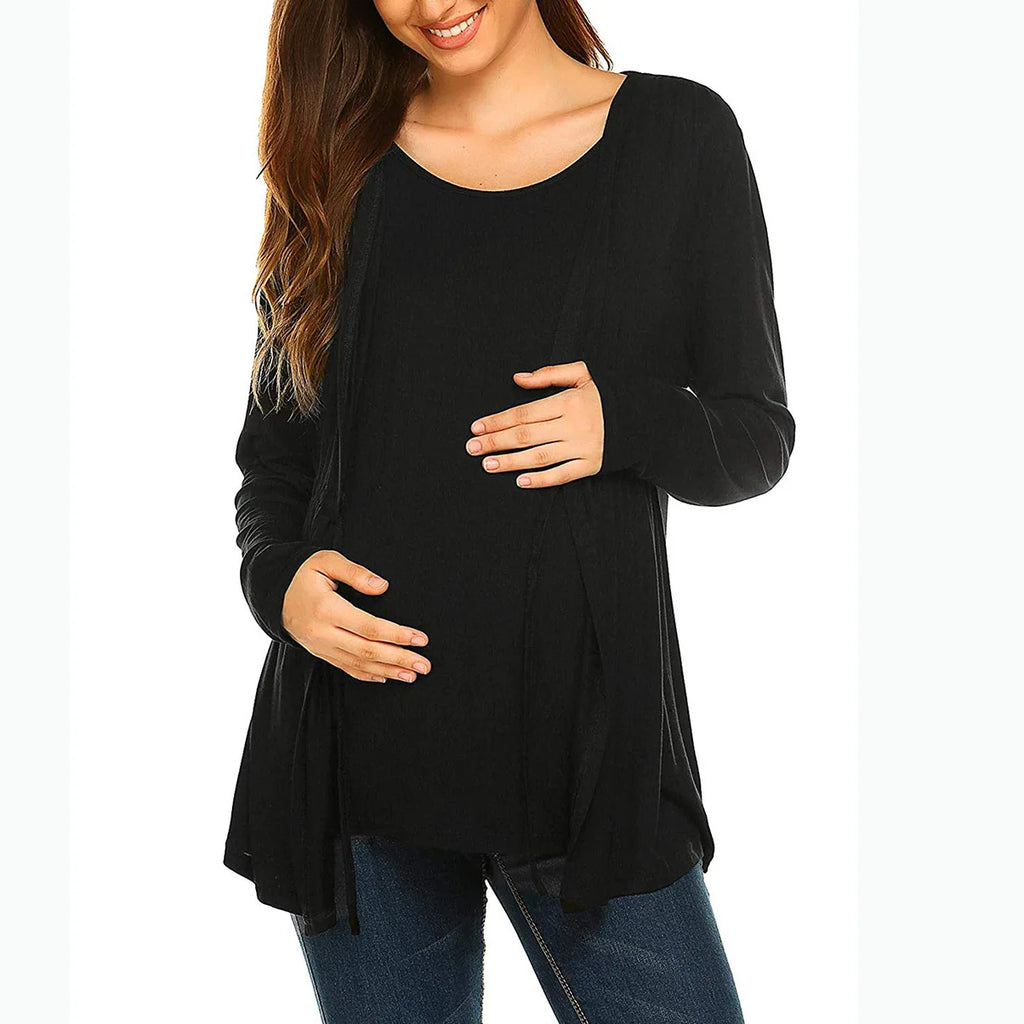 Lace-Up Faux Two-Piece Long-Sleeve Nursing Top