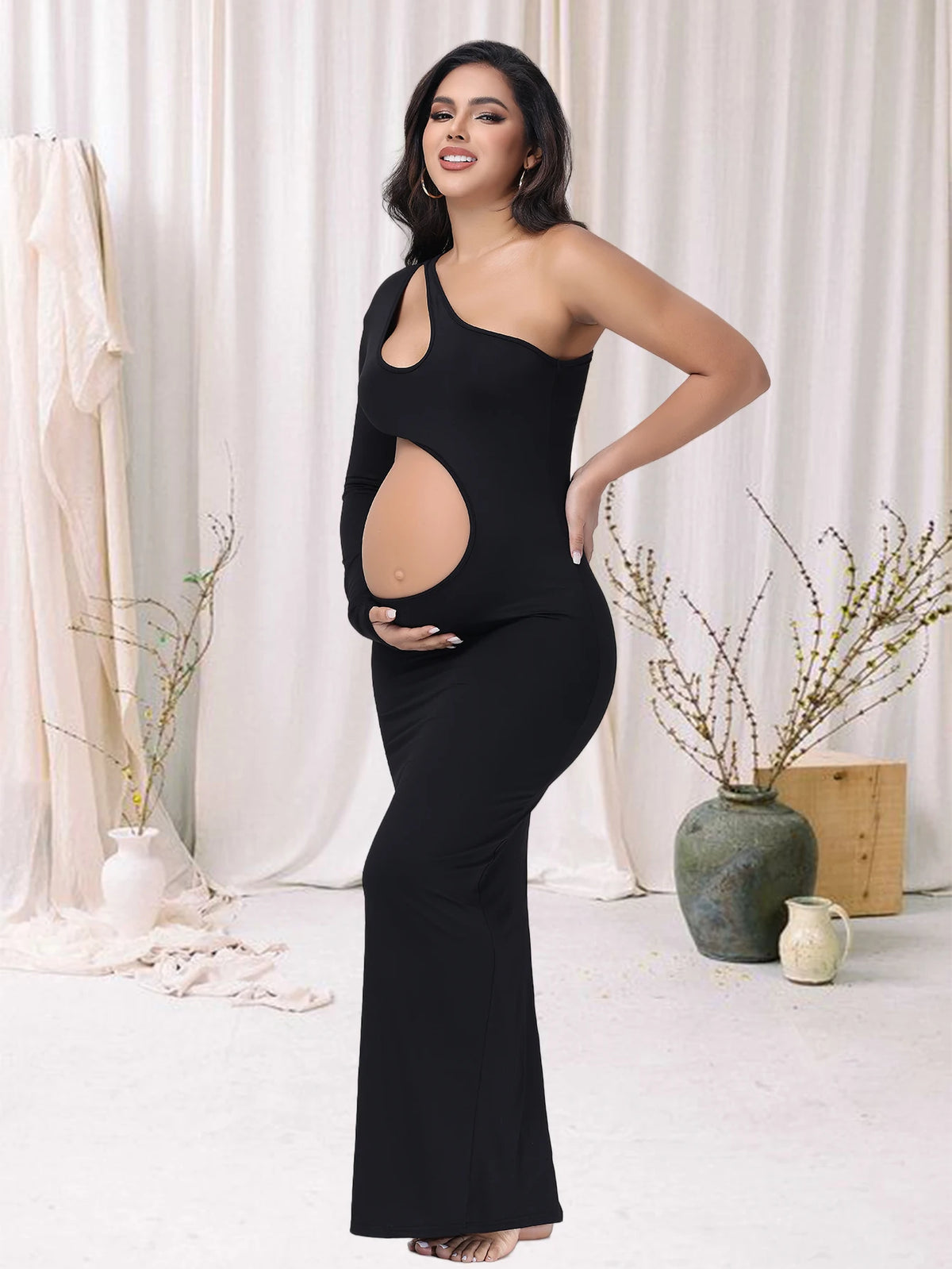 One-Shoulder Cut-Out Maternity Photoshoot Gown – baby shower dress