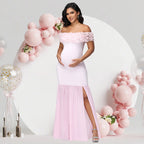 Off-Shoulder Floral Chiffon Maternity Gown – maternity photoshoot dress