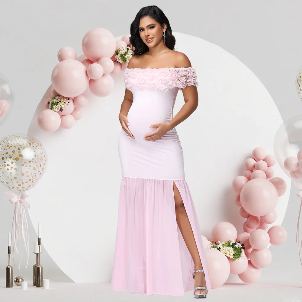 Off-Shoulder Floral Chiffon Maternity Gown
