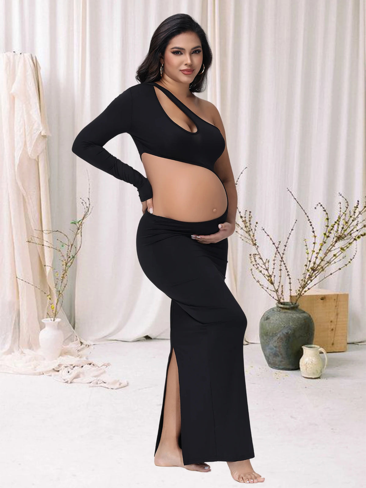 One-Shoulder Cut-Out Maternity Photoshoot Gown – baby shower dress