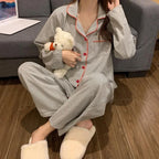 Grey Striped Button-Front Long-Sleeve Pajama Set