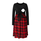 Plaid-Skirt Long-Sleeve Maternity & Nursing Dress