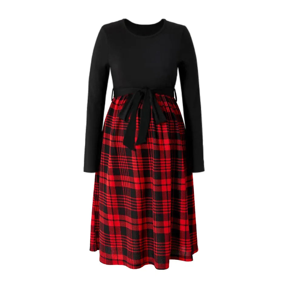 Plaid-Skirt Long-Sleeve Maternity & Nursing Dress