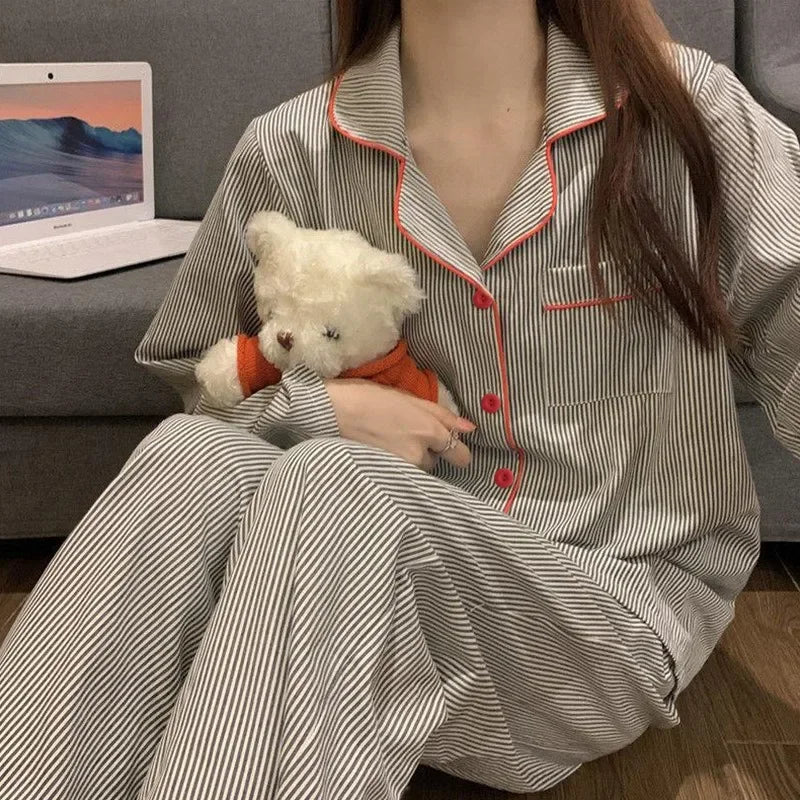 Grey Striped Button-Front Long-Sleeve Pajama Set
