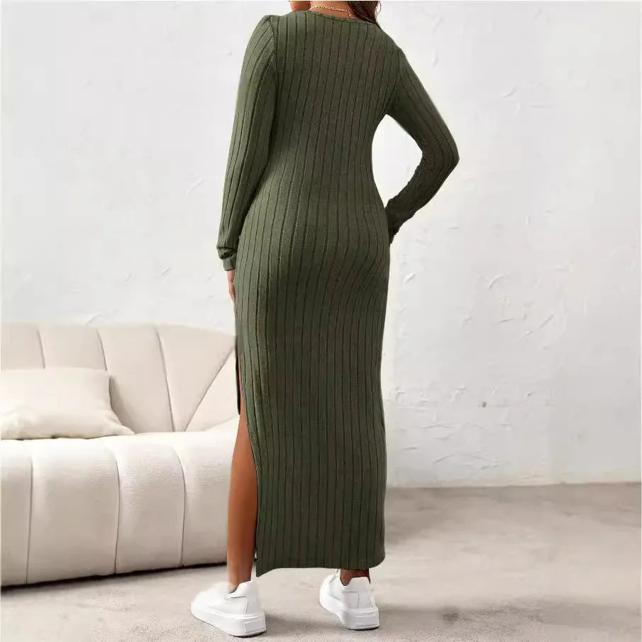 Long Sleeve Side-Split Knit Maternity Dress