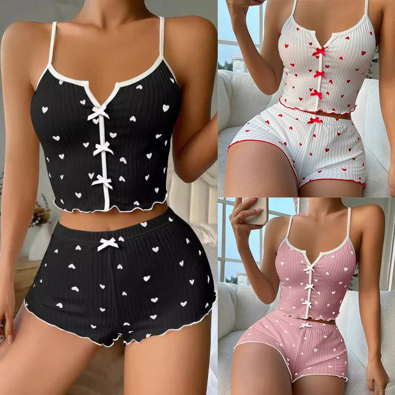 Heart Ribbed Frill Cami Short Set