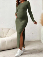 Long Sleeve Side-Split Knit Maternity Dress