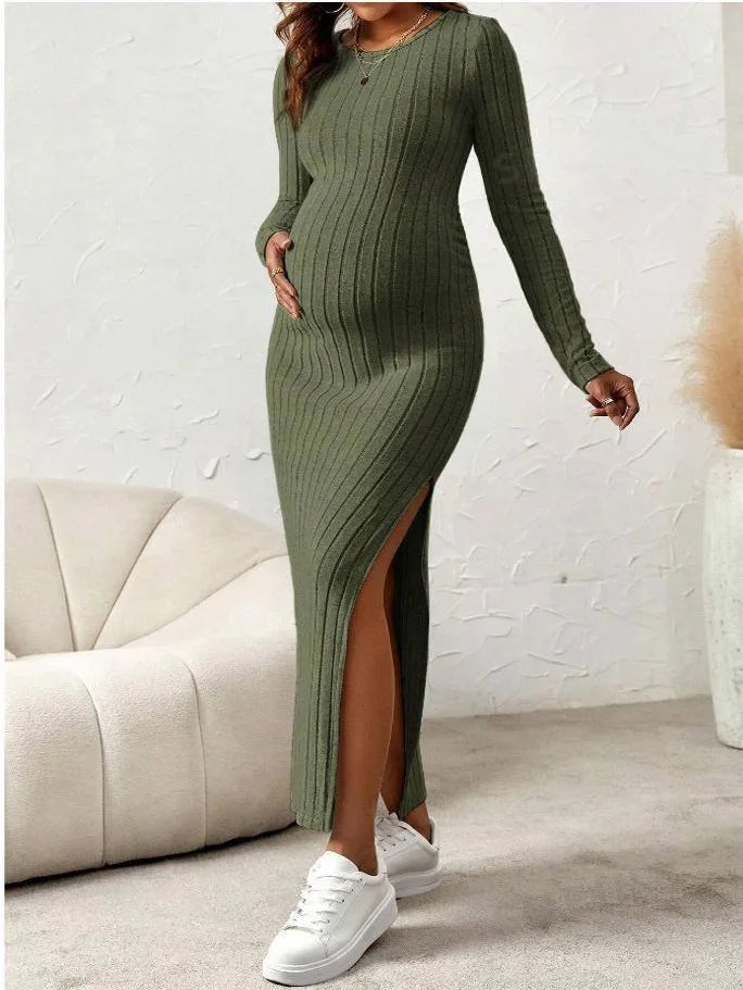 Long Sleeve Side-Split Knit Maternity Dress