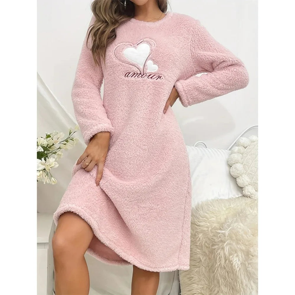 Heart Print Fuzzy Fleece Nightgown
